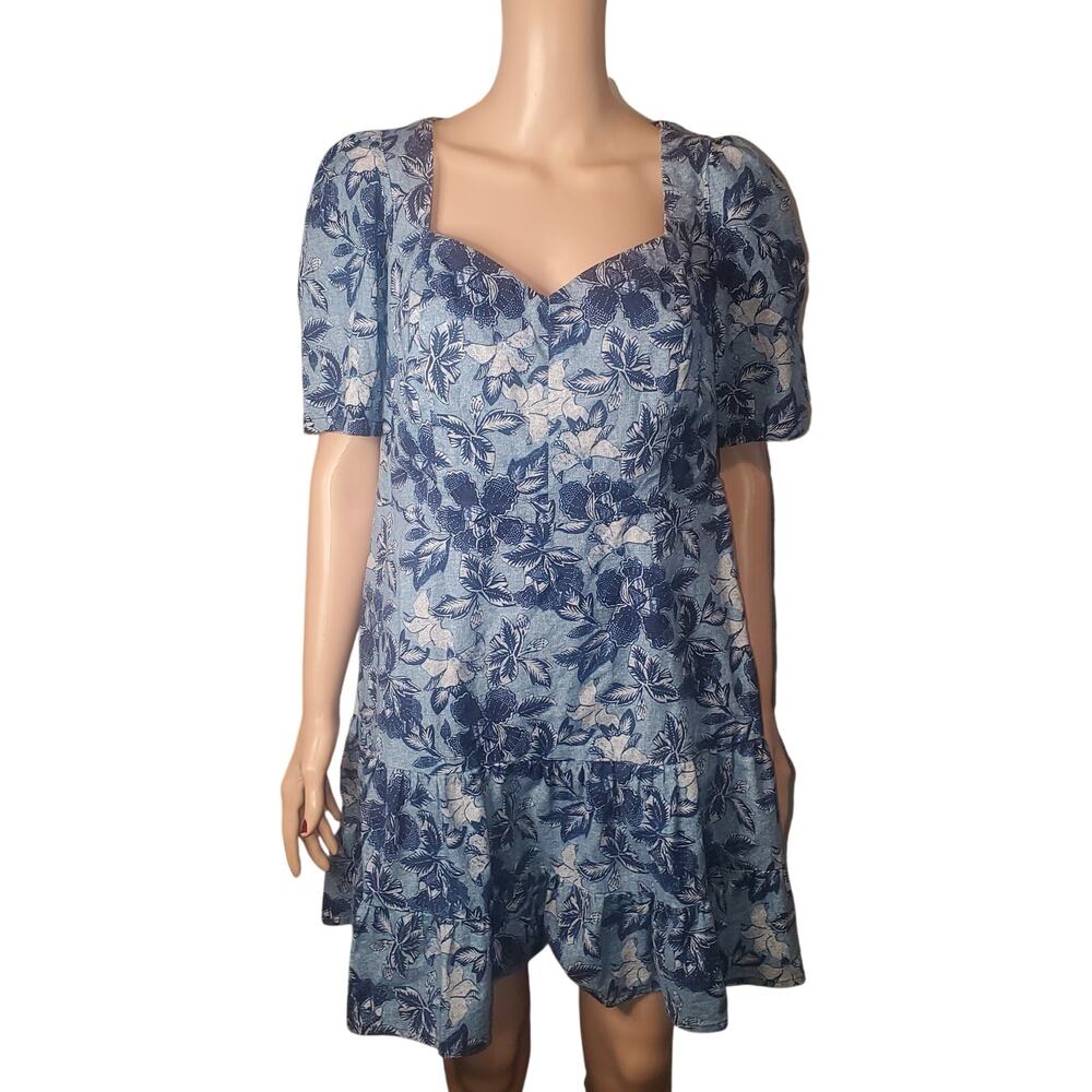 eShakti Size 16 Blue Floral Tiered Mini Dress Cottagecore Boho Pockets Soft Girl